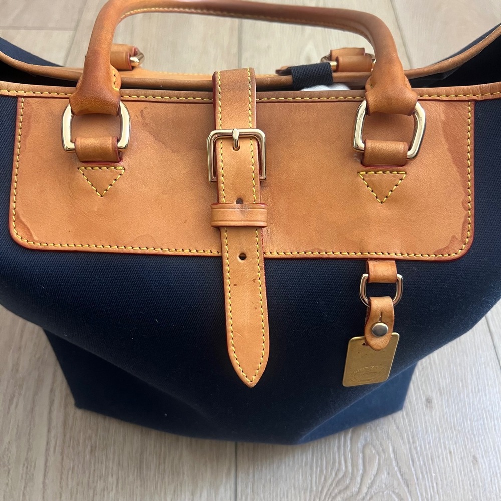 Dooney & Bourke Navy Blue Canvas Leather Trim Tote Bag Gold Hardware Shopper - Picture 2 of 16